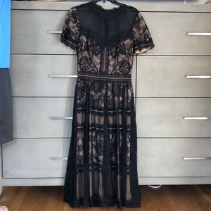 Black lace midi dress with nude lining, size 6